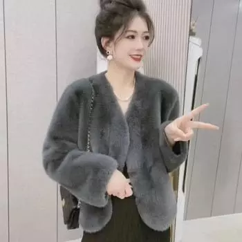 Куртка женская зимняя с меховым покрытием, новый темперамент, V-образный вырез, экологически чистый мех норки, короткая куртка из флиса S темно-серого