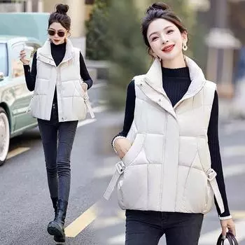 Куртка-жилет из европейского и американского хлопка 2024 года, осень-зима, новый короткий жилет из хлопка с воротником-стойкой, модный свободный жилет для верхней одежды M чёрный