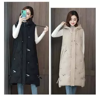 Куртка зимнее пальто теплое женское без рукавов хлопковое длинное жилет L чёрный