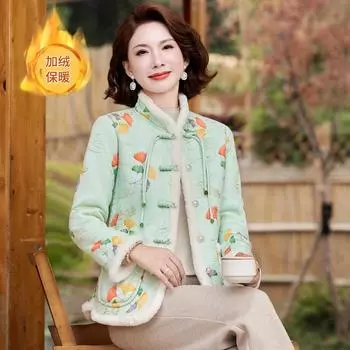 Куртка зимняя для мам с бархатной хлопковой подкладкой 2024 новые модели в моде для пожилых женщин утолщенная куртка по-прежнему куртка с хлопковой подкладкой XL recommended (90-55kg) зелёный