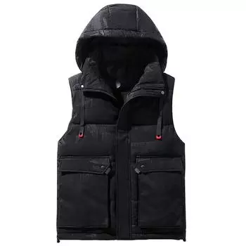 Куртки без рукавов больших размеров L-8XL, мужской теплый жилет с капюшоном, новая мода, плотное теплое мужское холодное пальто для зимнего жилета L чёрный
