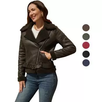 Куртки-бомберы для женщин, замшевая кожаная флисовая подкладка, теплое короткое пальто с лацканами и поясом на молнии, мотоциклетная куртка из искусственной кожи, стильная верхняя одежда, весенне-осенняя одежда S чёрный