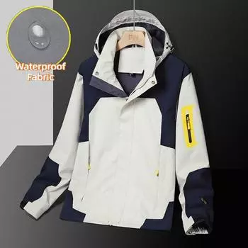 Куртки для активного отдыха для мужчин, повседневная куртка с цветными блоками, свободная универсальная трендовая куртка для пар с капюшоном, водонепроницаемая L бежевый