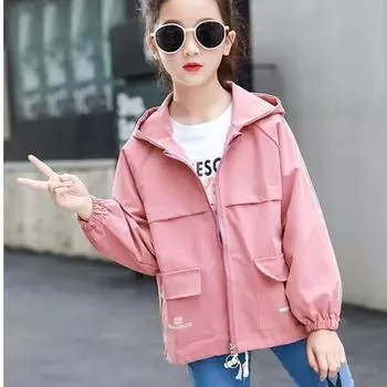 Куртки для девочек Весенние и осенние куртки Детские ветровки в корейском стиле для девочек 160 красный