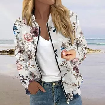 Куртки для женщин, легкие укороченные куртки с длинным рукавом на молнии, модная верхняя одежда с принтом, повседневные стеганые куртки с карманами L бежевый