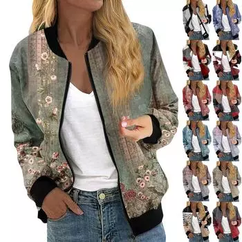 Куртки для женщин, легкие укороченные куртки с длинным рукавом на молнии, модная верхняя одежда с принтом, повседневные стеганые куртки с карманами One size