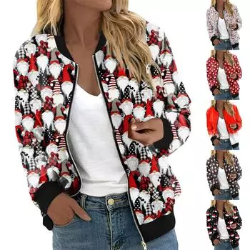 Куртки для женщин, легкие укороченные куртки с длинным рукавом на молнии, модная верхняя одежда с рождественским принтом, повседневные стеганые куртки с карманами L чёрный