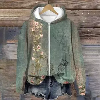 Куртки для женщин Пальто с длинным рукавом на молнии с принтом Верхняя одежда Повседневные куртки L армия зеленый