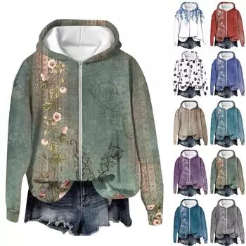 Куртки для женщин Пальто с длинным рукавом на молнии с принтом Верхняя одежда Повседневные куртки L армия зеленый