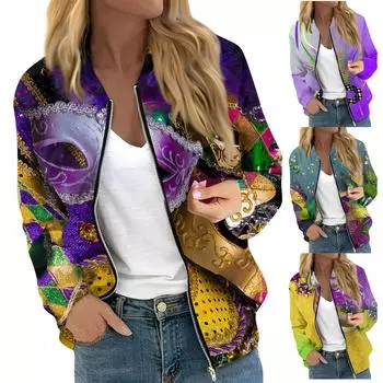 Куртки для женщин с длинным рукавом, легкие укороченные модные стеганые куртки с принтом Марди Гра, повседневные стеганые куртки с карманами M циан