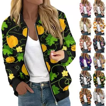 Куртки для женщин с длинным рукавом, легкие, на молнии, укороченные, с принтом на Хэллоуин, верхняя одежда, повседневные стеганые куртки с карманами XXL синий