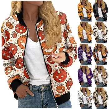 Куртки для женщин с длинным рукавом, легкие укороченные куртки на молнии, модная верхняя одежда с принтом на Хэллоуин, повседневные стеганые куртки с карманами S фиолетовый