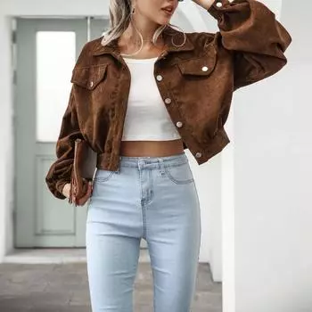 Куртки для женщин, укороченная куртка-бомбер с рукавами-фонариками, верхняя одежда, винтажное вельветовое осенне-зимнее пальто S коричневый