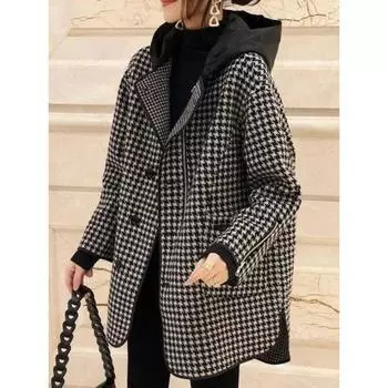 Куртки для женщин весна осень новая корейская мода сшитая верхняя одежда с капюшоном клетчатое женское пальто свободная повседневная женская одежда M чёрный