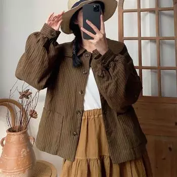 Куртки Johnature, весенние винтажные повседневные свободные женские пальто с отложным воротником и универсальными карманами в полоску One Size кофейный