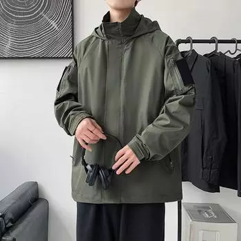 Куртки, мужская весенне-осенняя новая модная рабочая одежда с капюшоном, повседневная бейсбольная форма, топы, универсальные куртки M чёрный