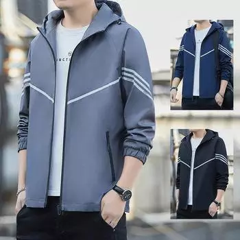 Куртки мужские карманы повседневные свободные ветровка в полоску на молнии с воротником-стойкой водонепроницаемая спортивная куртка-бомбер для спорта на открытом воздухе M чёрный