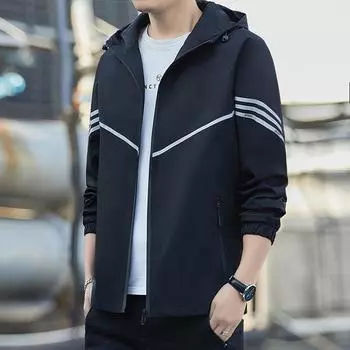 Куртки мужские карманы повседневные свободные ветровка в полоску на молнии с воротником-стойкой водонепроницаемая спортивная куртка-бомбер для спорта на открытом воздухе M синий