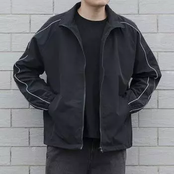 Куртки мужские осенние карманы повседневные лоскутные свободные ветровки в полоску на молнии с воротником-стойкой водонепроницаемая спортивная куртка-бомбер больших размеров XXXL чёрный