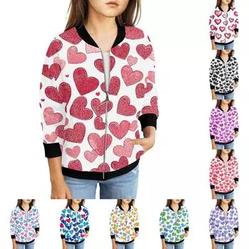 Куртки на молнии для девочек, детские осенние толстовки с длинными рукавами, верхняя одежда с карманами на День святого Валентина, 5-15 лет 130