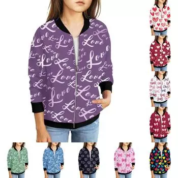 Куртки на молнии для девочек, детские осенние толстовки с длинными рукавами, верхняя одежда с карманами на День святого Валентина, 5-15 лет 140