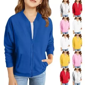 Куртки на молнии для девочек, детские осенние толстовки с длинными рукавами, верхняя одежда с карманами 100 синий