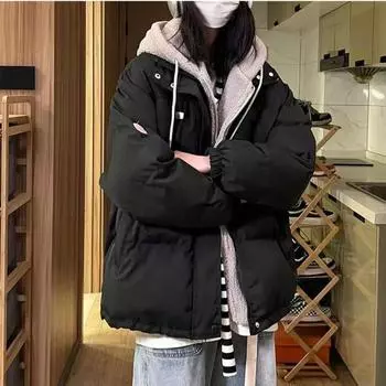 Куртки оверсайз, женские парки на осень-зиму с капюшоном, женские корейские стеганые пальто, женские свободные куртки S чёрный