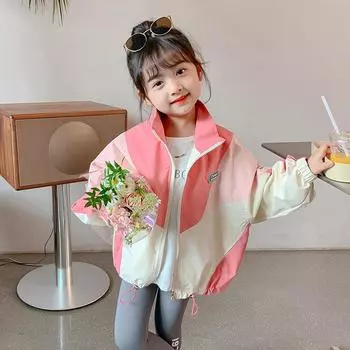 Куртки с цветными блоками, весенняя мода для девочек, тонкие пальто, осенняя детская одежда, повседневная верхняя одежда на молнии для детей от 2 до 10 лет 150cm