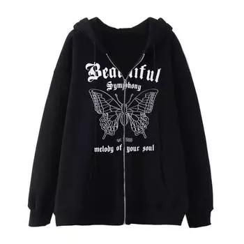 Куртки с готической графикой и принтом для женщин Y2K Толстовки с капюшоном на молнии Уличная одежда Толстовки Хип-хоп Топы Свободные повседневные пальто в стиле Харадзюку S