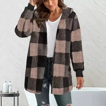 Куртки с капюшоном и клетчатым принтом, женский кардиган из двойного флиса в клетку, толстый, теплый, модный, средней длины, свободный, в стиле пэчворк, верхняя одежда XXXL кофейный
