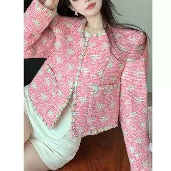 Куртки с карманами для женщин, осенне-зимняя новая модная куртка с длинным рукавом и круглым вырезом, винтажные повседневные шикарные свободные пальто S розовый