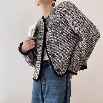 Куртки с круглым вырезом для женщин, осень-зима 2023, новая модная повседневная куртка с длинными рукавами, винтажные шикарные короткие пальто на пуговицах