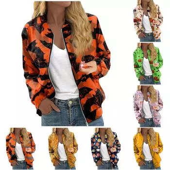 Куртки женские с длинным рукавом, легкие, на молнии, укороченные, с принтом на Хэллоуин, верхняя одежда, повседневные, стеганые куртки с карманами L оранжевый