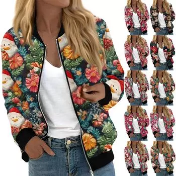 Куртки женские с длинным рукавом, легкие, на молнии, укороченные, модные, с рождественским принтом, верхняя одежда, повседневные, стеганые куртки с карманами S зелёный