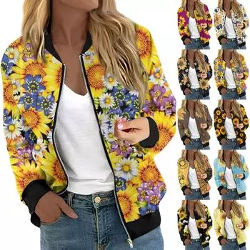 Куртки женские с длинным рукавом, легкие, на молнии, укороченные, с принтом, верхняя одежда, повседневные, стеганые куртки с карманами M чёрный