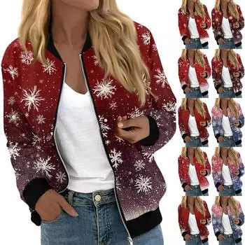 Куртки женские с длинным рукавом, легкие, на молнии, укороченные, модные, с рождественским принтом, верхняя одежда, повседневные, стеганые куртки с карманами XXL
