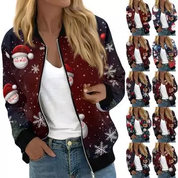 Куртки женские с длинным рукавом, легкие, на молнии, укороченные, модные, с рождественским принтом, верхняя одежда, повседневные, стеганые куртки с карманами M синий