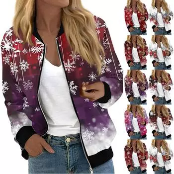Куртки женские с длинным рукавом, легкие, на молнии, укороченные, модные, с рождественским принтом, верхняя одежда, повседневные, стеганые куртки с карманами XL