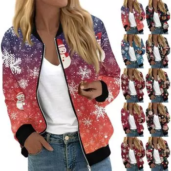 Куртки женские с длинным рукавом, легкие, на молнии, укороченные, модные, с рождественским принтом, верхняя одежда, повседневные, стеганые куртки с карманами L чёрный
