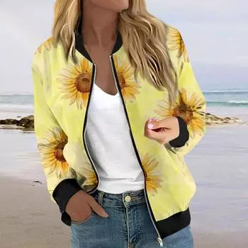 Куртки женские с длинным рукавом, легкие, на молнии, укороченные, с принтом, верхняя одежда, повседневные, стеганые куртки с карманами L жёлтый