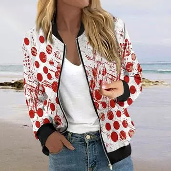 Куртки женские с длинным рукавом, легкие, на молнии, укороченные, с принтом, верхняя одежда, повседневные, стеганые куртки с карманами S красный