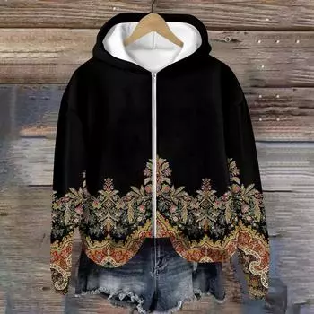 Куртки женские с длинным рукавом на молнии с принтом верхняя одежда повседневные куртки L чёрный