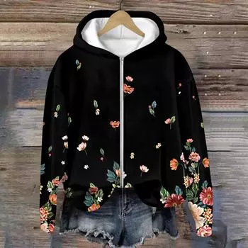 Куртки женские с длинным рукавом на молнии с принтом верхняя одежда повседневные куртки L чёрный