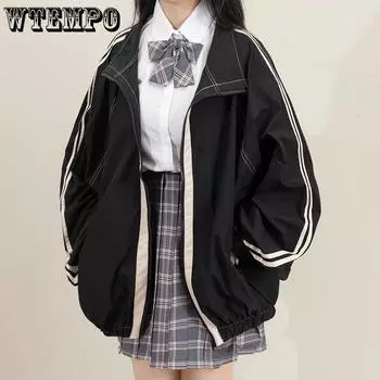 Куртки женские в полоску женские BF Harajuku воротник-стойка с карманом на молнии уличная одежда для отдыха популярная ветрозащитная верхняя одежда S чёрный
