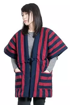 Kurume Yakko Hanten Sleeveless Yakko Hanten Pongee Vertical Stripes Red x [Tayutaf] Women s (M-L, Black)
