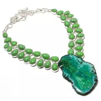 Кусочек натуральных зеленых друзов, ожерелье из стерлингового серебра 925 пробы, оникс, 18 дюймов u4e94