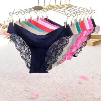 Кусок шелковых бесшовных дышащих сексуальных женских трусов с кружевной талией One Size небесно-голубой