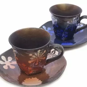 Kutani ware pottery coffee cup pair set with snow ring pattern