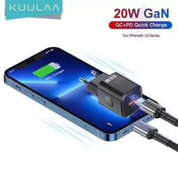 KUULAA 20 Вт USB C зарядное устройство GaN Type C PD быстрая зарядка для iPhone 14 13 12 Pro Max XS Samsung для iPad Pro Air 2020 iPad mini 2021 UK Plug Black