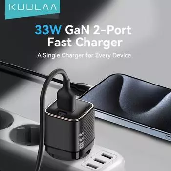 KUULAA 33 Вт/20 Вт GaN быстрое зарядное устройство QC3.0 Быстрая зарядка PD3.0 настенная розетка для телефонов iPhone 15/14/13/12/11/10/XR/X/8/7/6/ SamSung/HUAWEI/xiaomi Android EU-20W чёрный